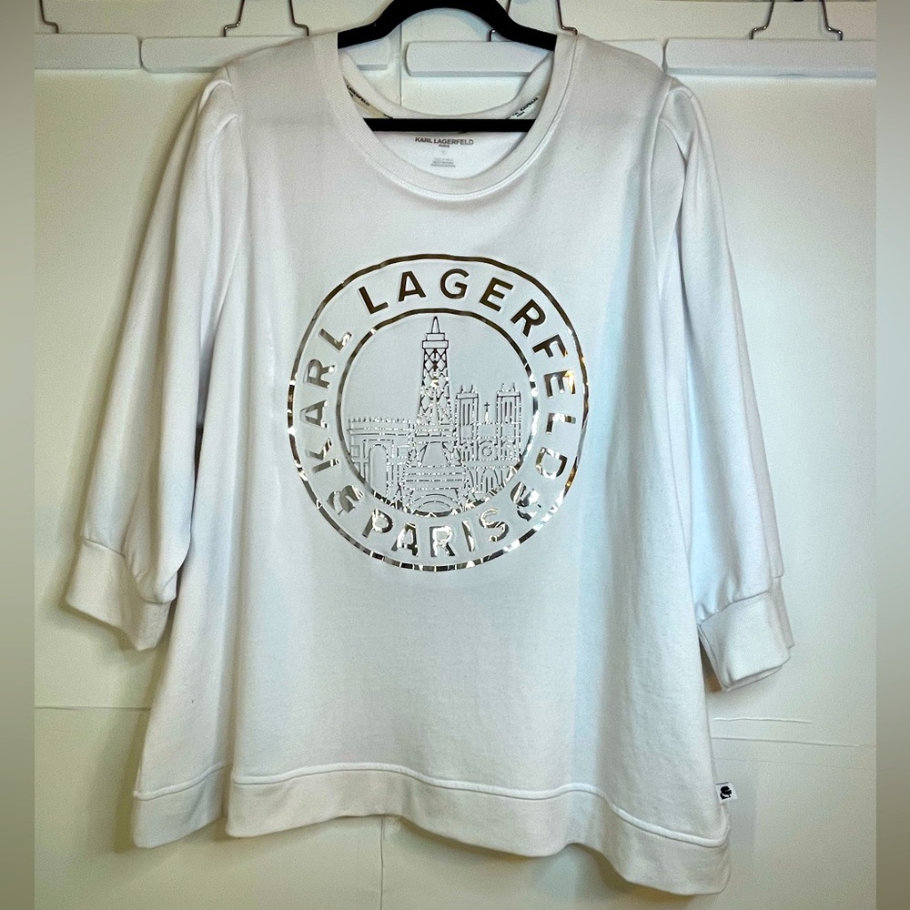 Karl Lagerfeld Paris: White Sweatshirt Silver Embossed Eiffel Tower & Landmarks